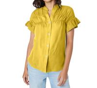 Womens Ruffle Short Sleeve Blouse V Neck Pleated Trim Button Up Shirt Loose Fit Stand Collar Summer Dressy Blouses Business Office Casual Shirts Yellow