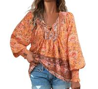 Womens Ruffle Sleeve Chiffon Blouses Casual Boho Floral Printed V Neck Summer Beach Vacation Blouses Shirts Stylish Tops Loose Fit Ladies Pullover Tunic Tops S-XL Orange
