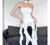 Women's Ruffle Spliced Ribbon Camisole Top, Irregular Hem Pure Color Sleeveless Blouse, Moderate Elasticity Casual Vacation Holiday Club Wear, Regular Length(S White)