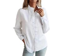 Womens Ruffle Trim Long Sleeve Button Down Shirt Ruffled Stand Collar Casual Blouses Top Casual Elegant Striped Frill Collared Blouse Top Fall Office Workwear 2026, S-XL White