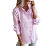 Womens Ruffle Trim Long Sleeve Button Down Shirt Ruffled Stand Collar Casual Blouses Top Casual Elegant Striped Frill Collared Blouse Top Fall Office Workwear 2026, S-XL Pink