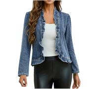 Womens Ruffled Denim Jackets Collarless Denim Jacket Open Front Jean Jacket Women Elegant Crop Cardigan Cute Ruffle Hem Cropped Jackets