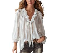 Women's Ruffled V-Neck Chiffon Blouse, Elegant Long Sleeve Top with Neck Tie Detail, Loose and Flowy Fit, Lightweight Semi-Sheer Design for Everyday Wear, Office, Evening Occasions