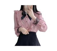 Women's Ruffles Cute Bow Tie Tops Preppy Style Vintage Japanese Korea Design Button Elegant Formal White Pink Shirts Blouses