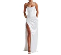 Women's Ruffles Satin Prom Dress, Club Night Sexy Dress Casual Slit Cocktail, Off-The-Shoulder Spaghetti Strap Long Party Evening Dresses, Solid Color Sleeveless (White,S)