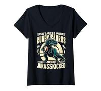 Womens Rugby Dinosaur Coach Competition Retro - Don't Mess With V-Neck T-Shirt