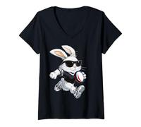Women's Rugby Player Team Rabbit Easter Bunny Sunglasses V-Neck T-Shirt