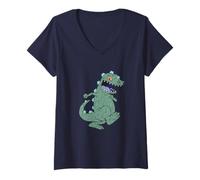 Womens Rugrats Reptar Walking Vintage Green Texture Art V-Neck T-Shirt
