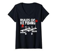 Womens Rules of Ice Fishing Funny Drink Run Tip-Up Flag Humor V-Neck T-Shirt