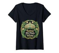 Women's Ruling My Own World Art Nouveau Tiara Botanical Rose Vine V-Neck T-Shirt