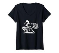 Womens Rummikub Game is It Still Your Turn? Funny Skeleton Waiting V-Neck T-Shirt