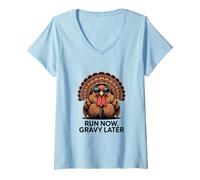 Womens Run Now Gravy Later Funny Thanksgiving Turkey V-Neck T-Shirt