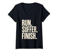 Women's Run Suffer Finish Marathon Running Motivation V-Neck T-Shirt