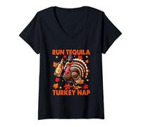 Womens Run Tequila Turkey Nap Thanksgiving Drinker Fall Leaves V-Neck T-Shirt