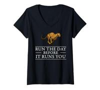 Womens Run The Day Cheetah Motivational Affirmation Hustle Mindset V-Neck T-Shirt