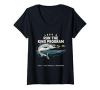 Women's Run the King Program Lake O King Salmon Trolling Fishing V-Neck T-Shirt