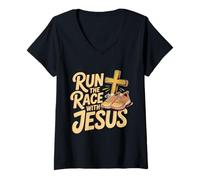 Women's Run The Race with Jesus Christian Runner Faith - V-Neck T-Shirt