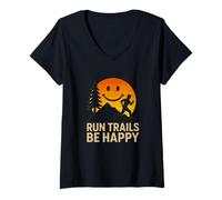 Womens Run Trails Be Happy Sunset Trail Running V-Neck T-Shirt