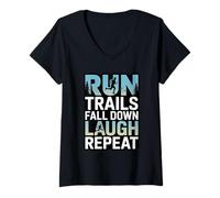 Womens Run Trails Fall Down Laugh Repeat Trail Running Mountain V-Neck T-Shirt