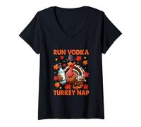 Womens Run Vodka Turkey Nap Thanksgiving Drinker Fall Leaves V-Neck T-Shirt