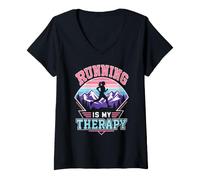 Women's Runner Running is My Therapy Jogging Funny Running V-Neck T-Shirt
