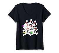 Women's Running Bowling Ball Scared Pin Characters Funny Bowler Lane V-Neck T-Shirt