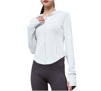 Women's Running Jacket UPF 50+ Sun Protective Hoodies Full Zip Up Cropped Jackets Long Sleeve Sports T-Shirt Fitness Workout Yoga Activewear Casual Slim Fit Tops with Thumb Holes