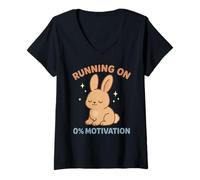 Womens Running On 0% Motivation Funny Lazy Bunny Rabbit Cozy Apathy V-Neck T-Shirt