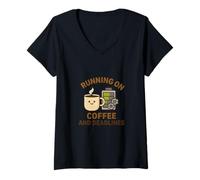 Women's Running on Coffee and Deadlines Funny Engineer Design V-Neck T-Shirt