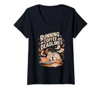 Womens Running On Coffee and Deadlines Work Life V-Neck T-Shirt