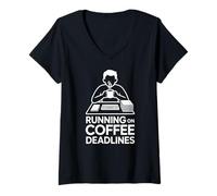Womens Running On Coffee Deadlines Office Worker V-Neck T-Shirt