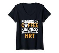 Womens Running On Coffee Kindness And HRT Fun Menopause V-Neck T-Shirt
