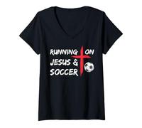 Womens Running On Jesus & Soccer Christian Religious Church & Jesus V-Neck T-Shirt