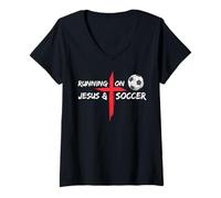 Womens Running On Jesus & Soccer Christian Religious Church & Jesus V-Neck T-Shirt