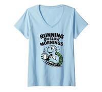 Women's Running On Slow Mornings Coffee Lover Turtle Cute V-Neck T-Shirt