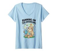 Women's Running On Tea Daydreams Bookish Sloth Cute V-Neck T-Shirt