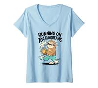 Women's Running On Tea Daydreams Jogging Sloth Humor Cute V-Neck T-Shirt