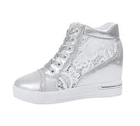 Womens Running Shoes Lace-Up Casual Zero Drop Sole Lightweight Comfortable Wedge Walking Sport Sneakers Sparkly Wide Fit Trainers for Spring Summer, Hiking Trekking Silver