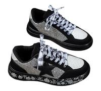 Women's Running Trainers Shiny Sequins Star and Halloween Pattern Side Sneakers Sneakers Women's Round Toe Lace-up Thick Sole Flat Urban Casual City Daily Leisure, 01 Black, 6 UK