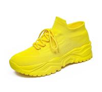 Womens Running Trainers - Women's Solid Color Fashion Four Season Lace Up Sneakers Flying Woven Running Shoes Yellow