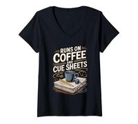 Women's Runs On Coffee and Cue Sheets Stage Crew Tech Theatre V-Neck T-Shirt