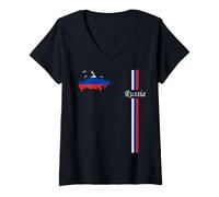 Women's Russia Flag & Map, Minimalist Russia Pride Graphic V-Neck T-Shirt