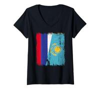 Womens Russia Kazakhstan Half Flag Russian Kazakh Jersey V-Neck T-Shirt