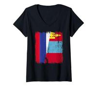 Womens Russia Mongolia Half Flag Russian Mongolian Jersey V-Neck T-Shirt