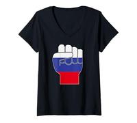 Womens Russia Raised Fist Russian Flag Russian Resilience V-Neck T-Shirt