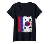Womens Russia South Korea Half Flag Russian South Korean Jersey V-Neck T-Shirt