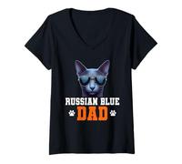Womens Russian Blue Cat Dad Father's Day Cat Sunglasses Owner Lover V-Neck T-Shirt