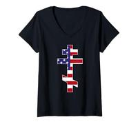 Women's Russian Orthodox Cross | USA American Flag V-Neck T-Shirt