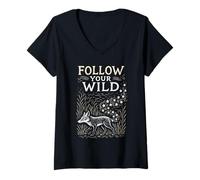 Womens Rustic Boho Fox Follow Your Wild Nature Design V-Neck T-Shirt