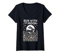 Womens Rustic Boho Hare Run with The Moon Nature Design V-Neck T-Shirt